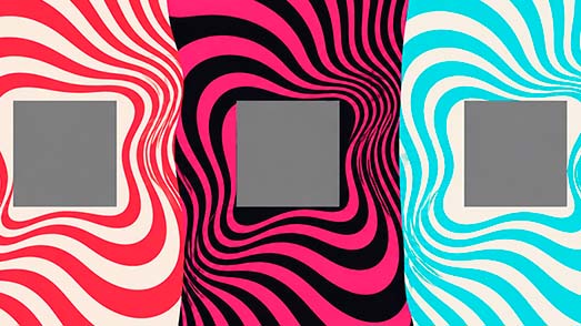 A color assimilation illusion using red and cyan patterns around matching gray squares