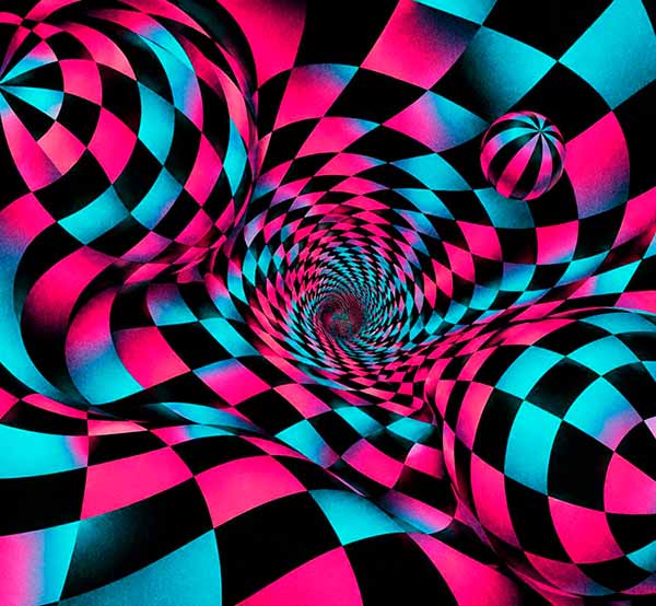 Pink and cyan warped checkerboard illusion twisting into a vortex