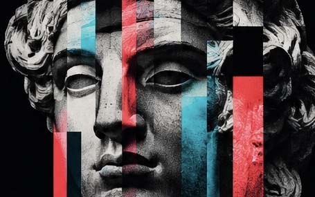 Classical sculpted face artwork fragmented by geometric shapes and vivid pink and cyan accents