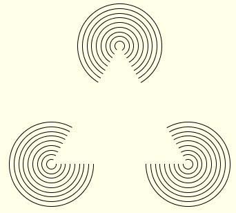 A Kanizsa triangle illusion in which separated shapes create the perception of an outlined triangle