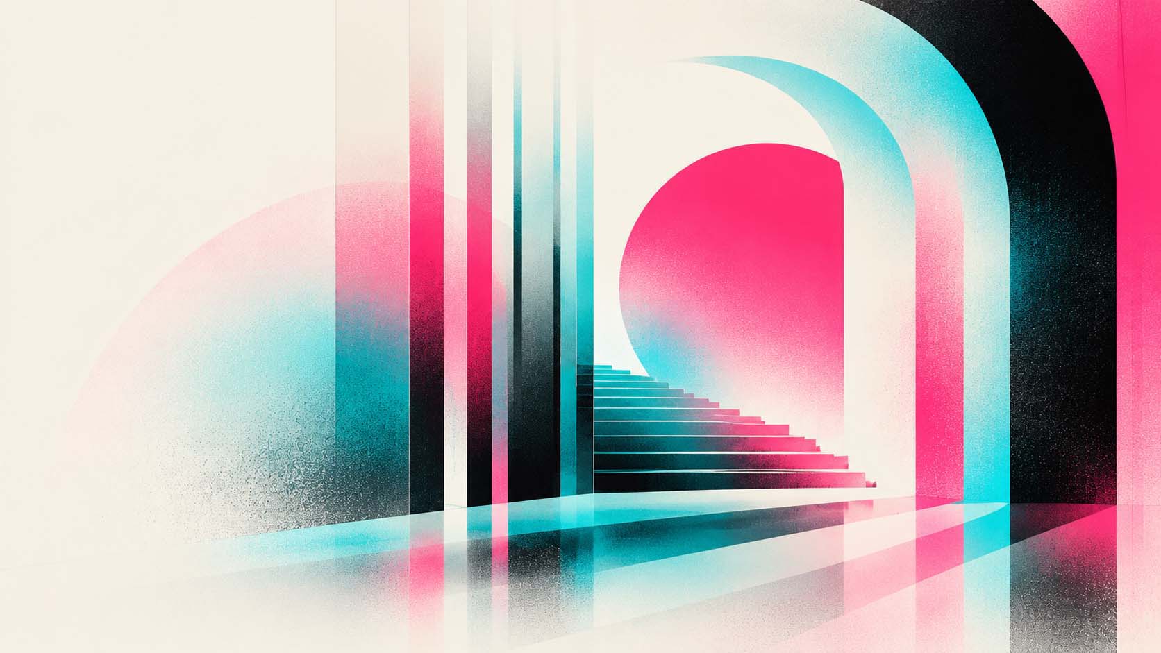Abstract layered architectural forms with contrasting cyan and pink shapes