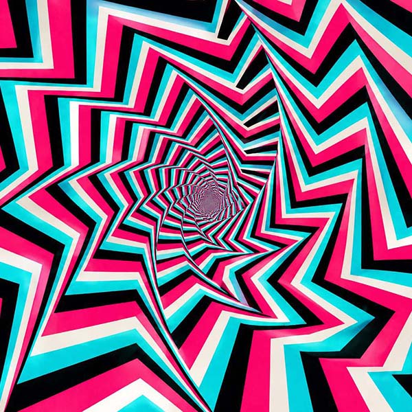 Repeated pink, cyan, cream, and black zigzag bands forming a twisting optical vortex