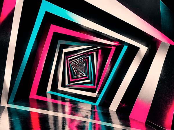 Futuristic optical illusion with nested rotating square frames in cyan, pink, cream, and charcoal